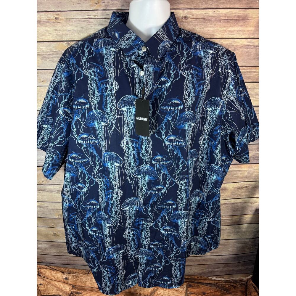 Murano Modern Collection Slim Fit Jellyfish Print Short Sleeve Placket Shirt 2XB